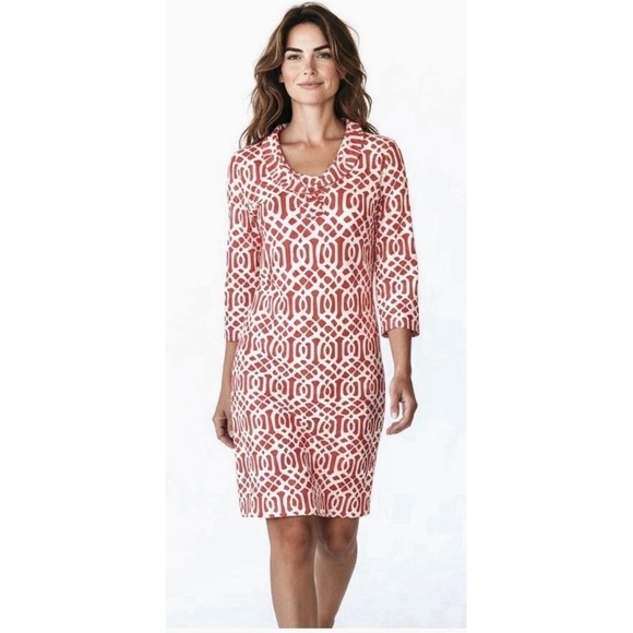 J. McLaughlin Dresses & Skirts - J McLaughlin Orange White 3/4 Sleeve Ruffle V-Neck Cruise Catalina Dress Large